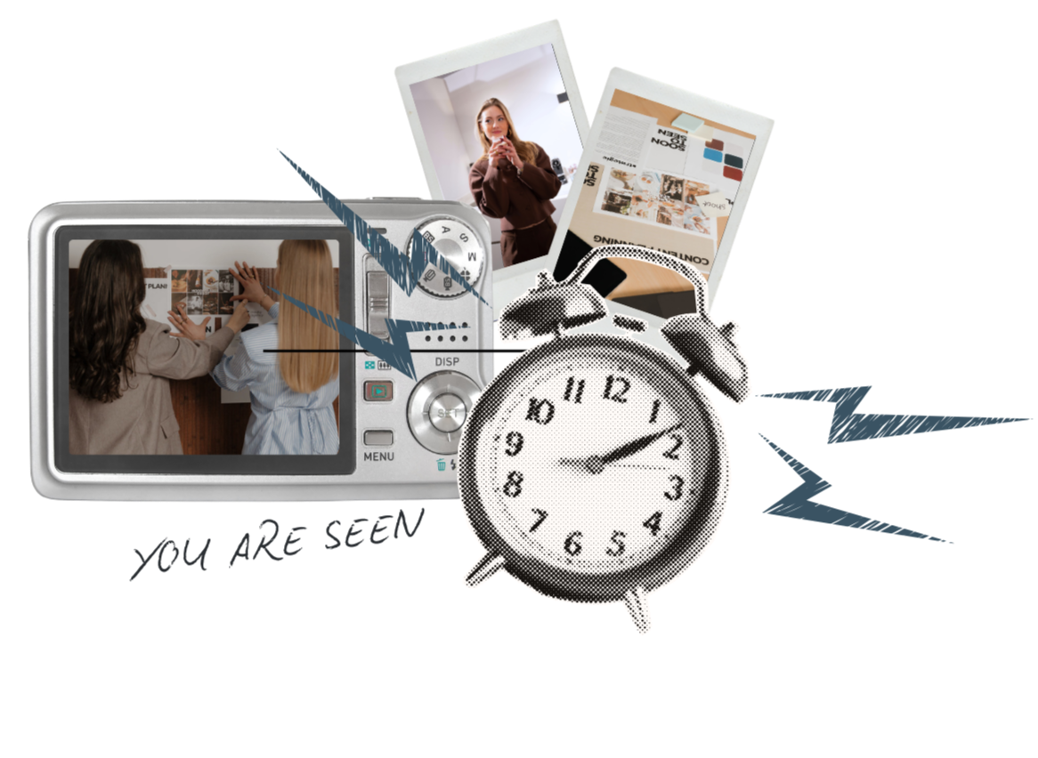 A collage of a digital camera showing two women discussing a plan on a worksheet, a woman taking a selfie, a newspaper, a vintage alarm clock, and a stylized arrow pointing right.