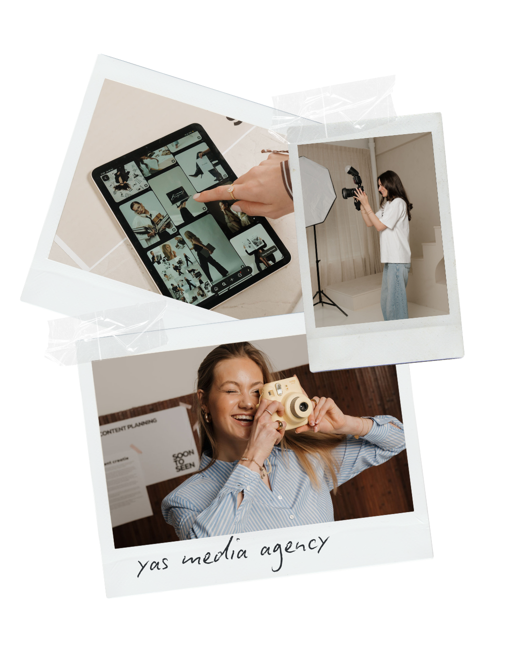 Collage of photos showing a woman taking photographs in a studio, a woman editing photos on a tablet, and a woman holding a camera and smiling with a background sign reading 'yas media agency'.