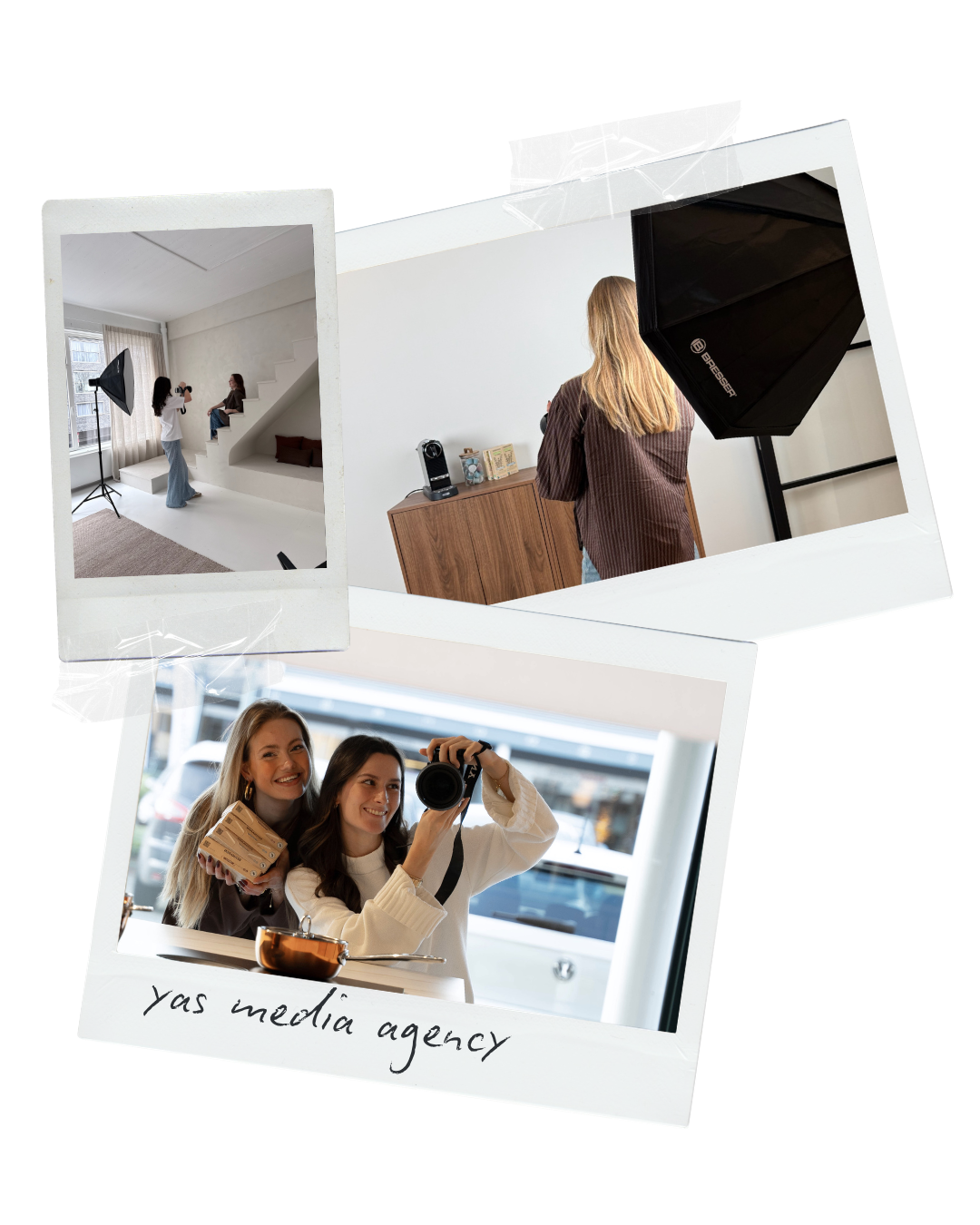 Photos of a photoshoot and media agency with photographers, models, studio equipment, and a casual office setting.