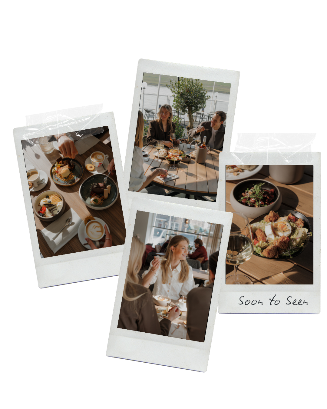 A collage of four photos showing friends enjoying a meal together at a restaurant, with one photo featuring a variety of desserts, a second showing friends talking at a table with pizza, and others showcasing social dining scenes.