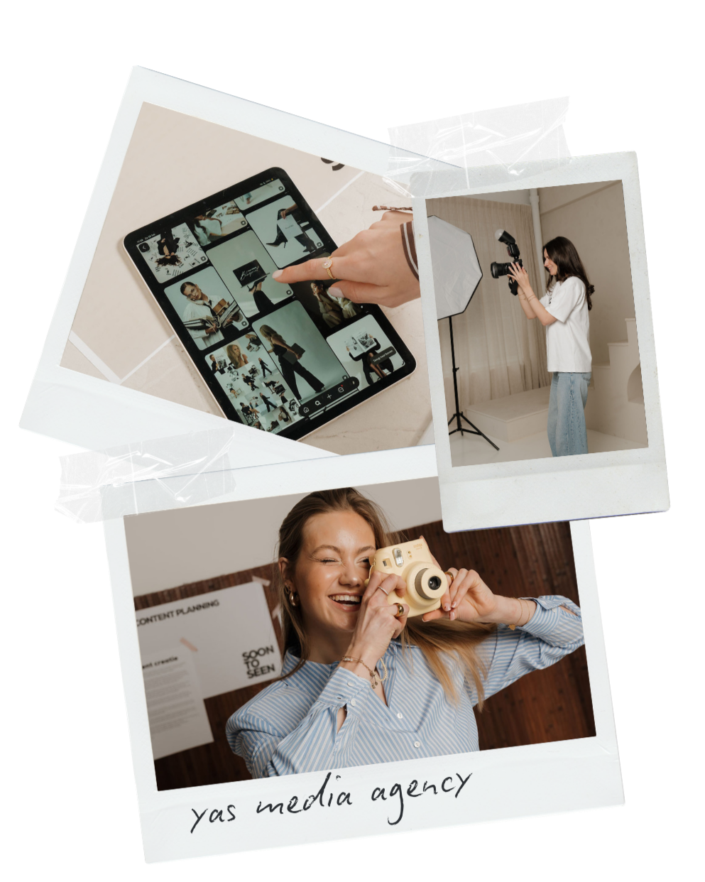 Collage of photos showing people working in a photography and media studio, including a woman using a smartphone, a woman taking pictures with a professional camera, and a woman holding a vintage camera, with handwritten text reading 'yas media agency'.