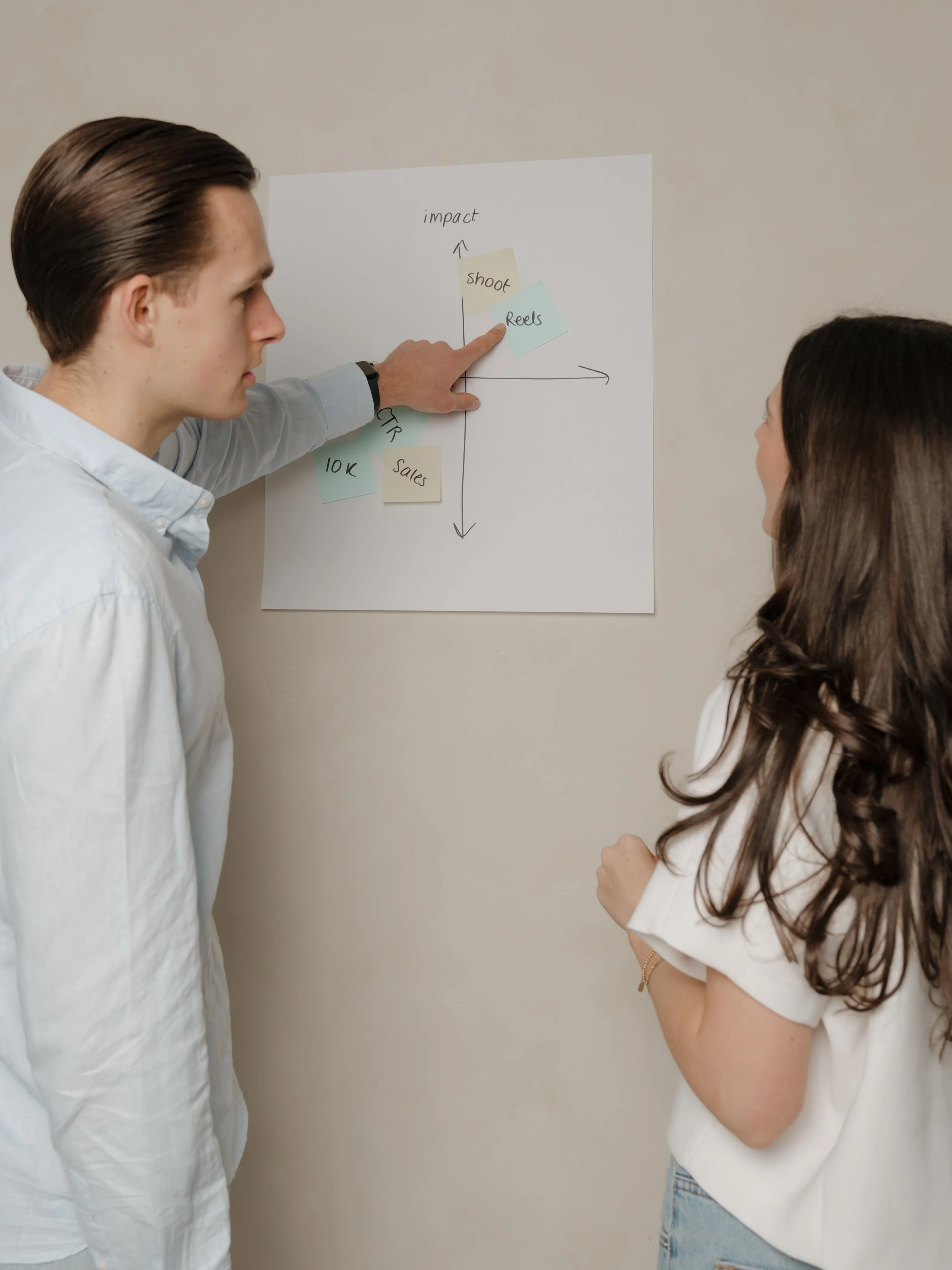 Two people discussing a graph on a white paper with sticky notes, one pointing at the graph.