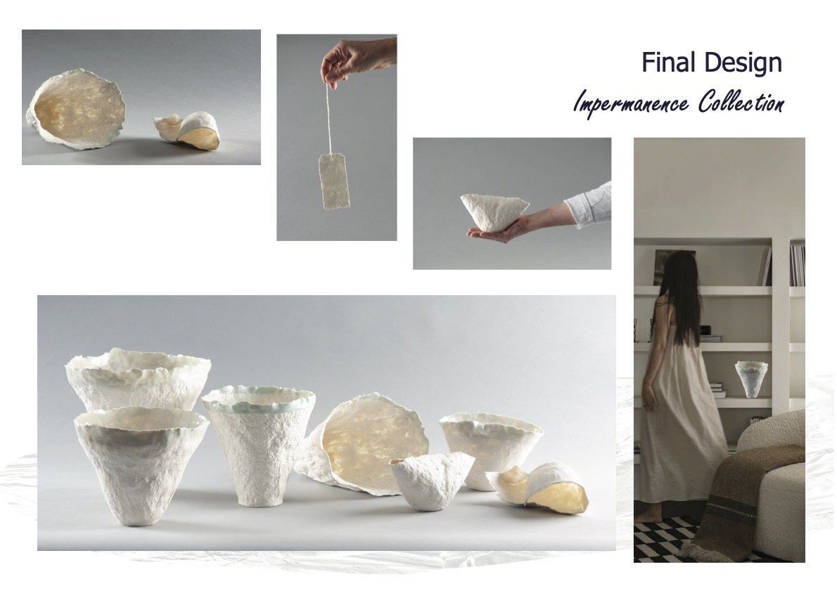 Collection of white ceramic bowls and vessels with rough, textured surfaces, part of the 'Impermanence Collection' for final design. Included are images showing the process of creating and displaying the piece, with one person handling the vessels an