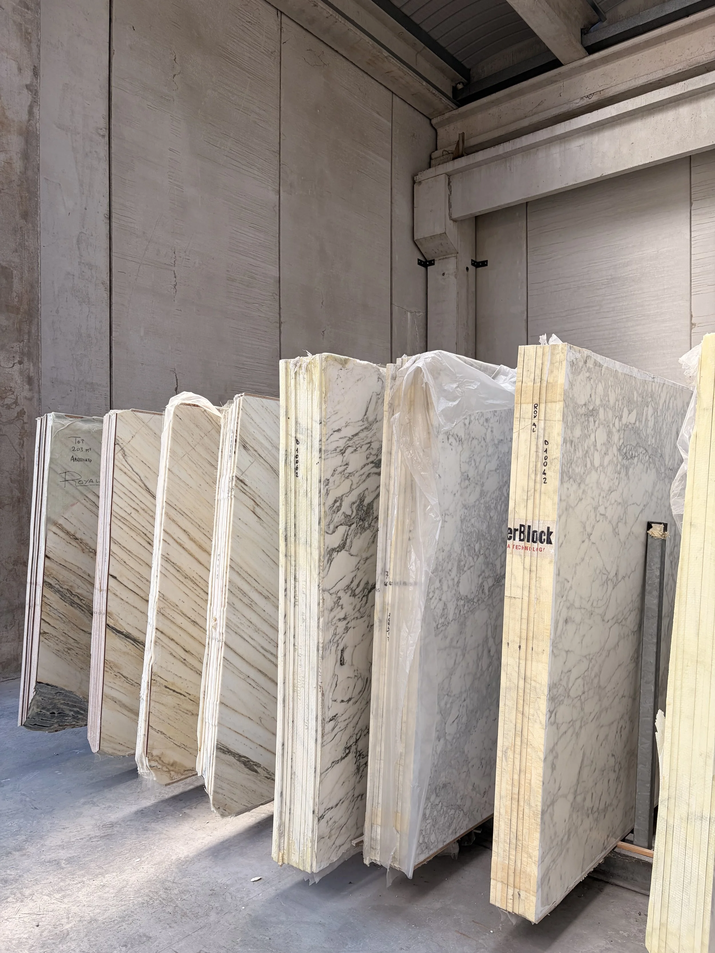 Marble slabs in stone yard during selection process