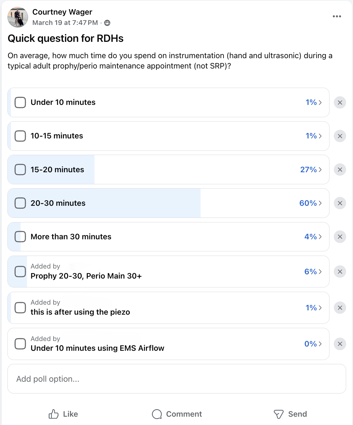 Survey results showing 89% of dental hygienists spend 30 minutes or less on instrumentation per appointment