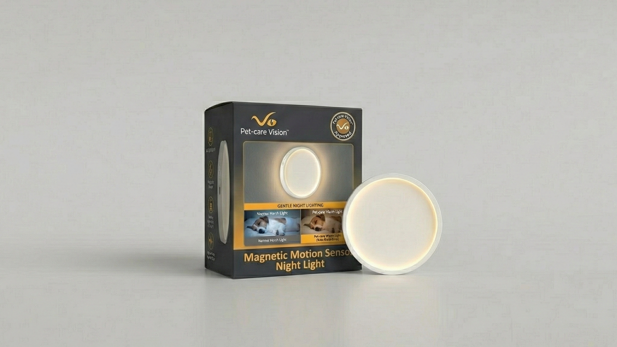 Box of Pet-care Vision magnetic motion sensor night light with a glowing circular night light placed in front of the box.