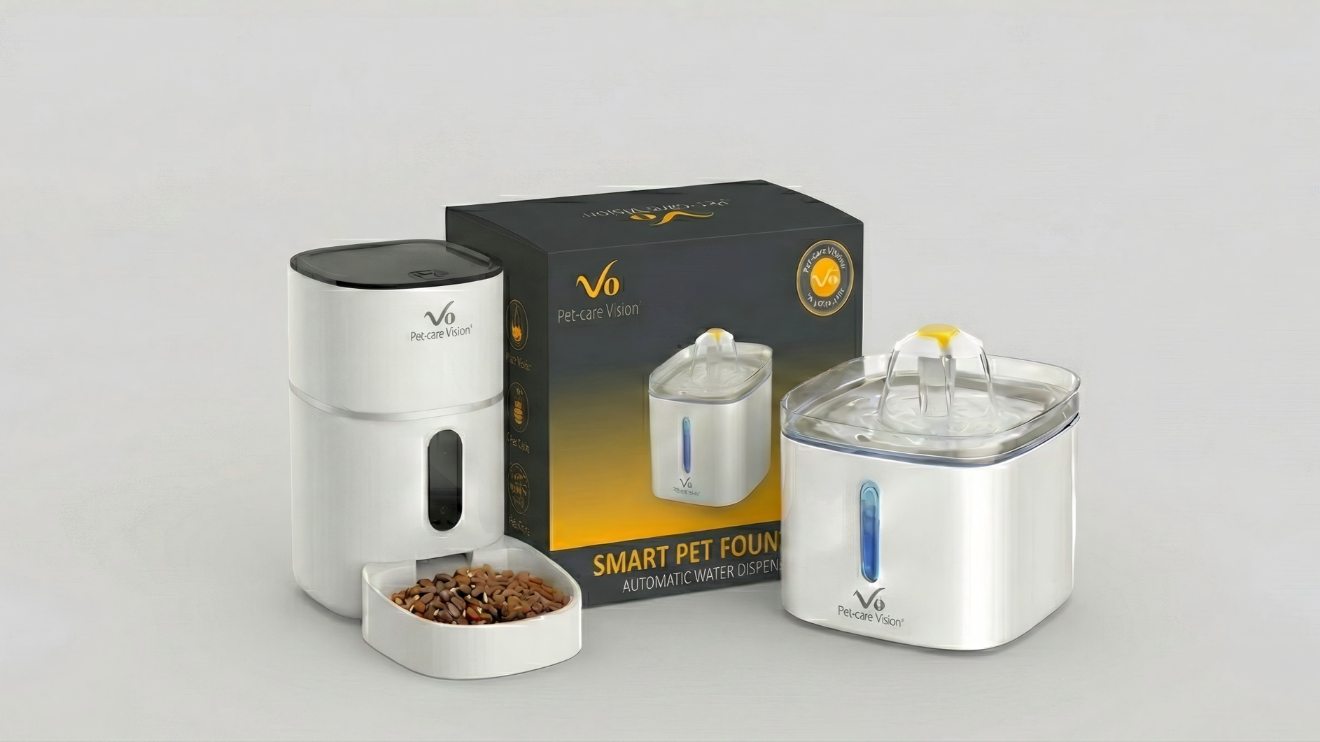 Smart pet fountain and automatic water dispenser with pet food bowl, brand Vo Pet-care Vision, placed on a neutral surface.