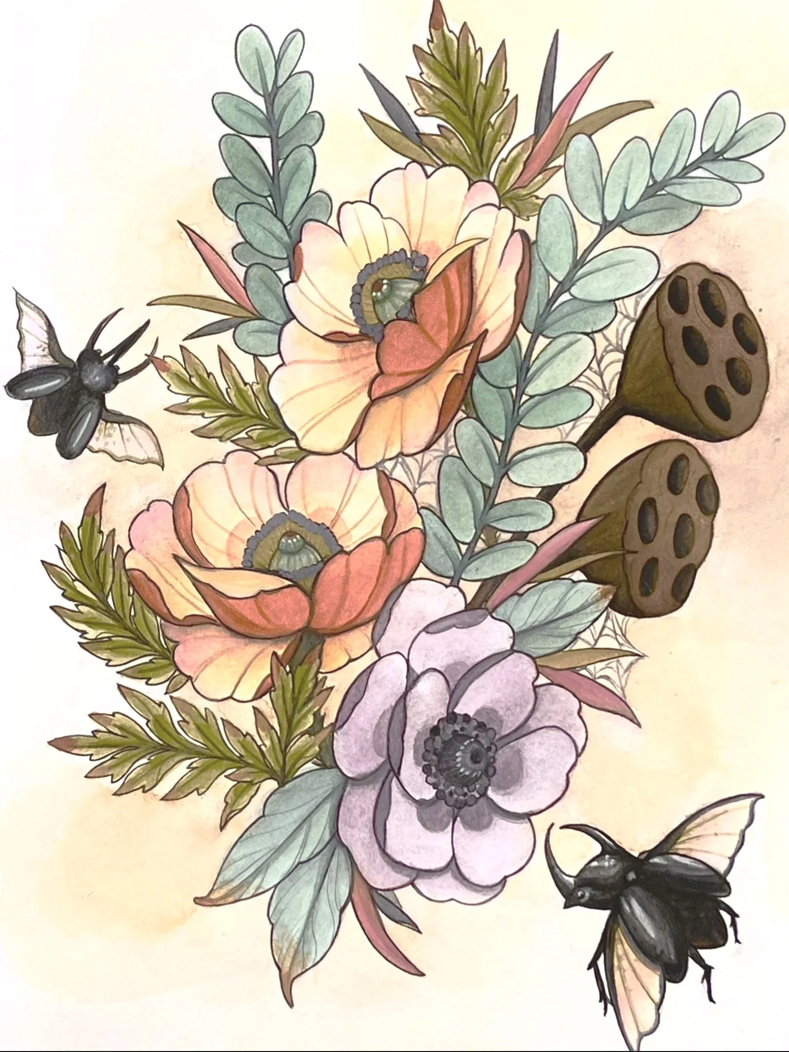 Beetles & Flora; watercolor print