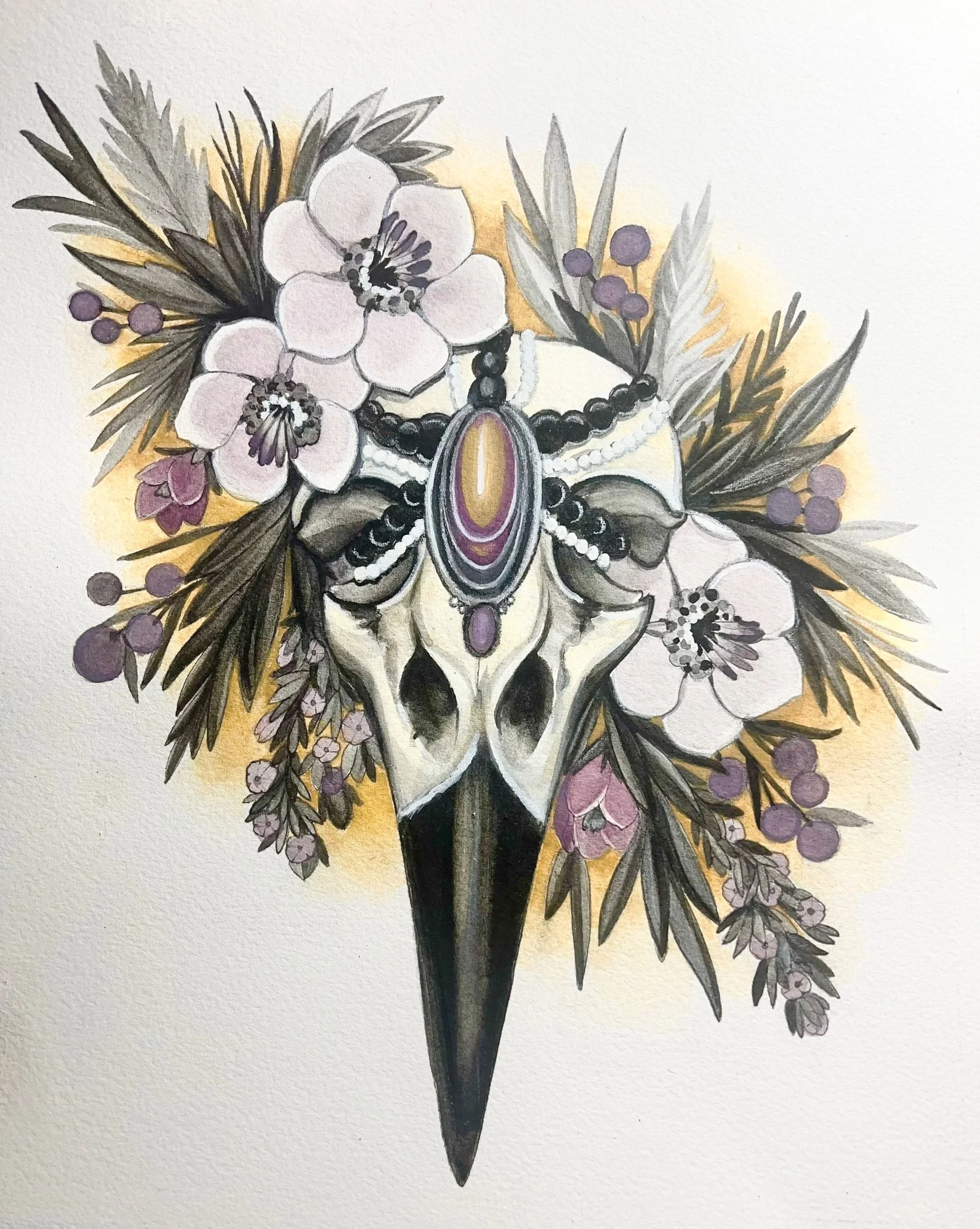 Raven Skull; watercolor print
