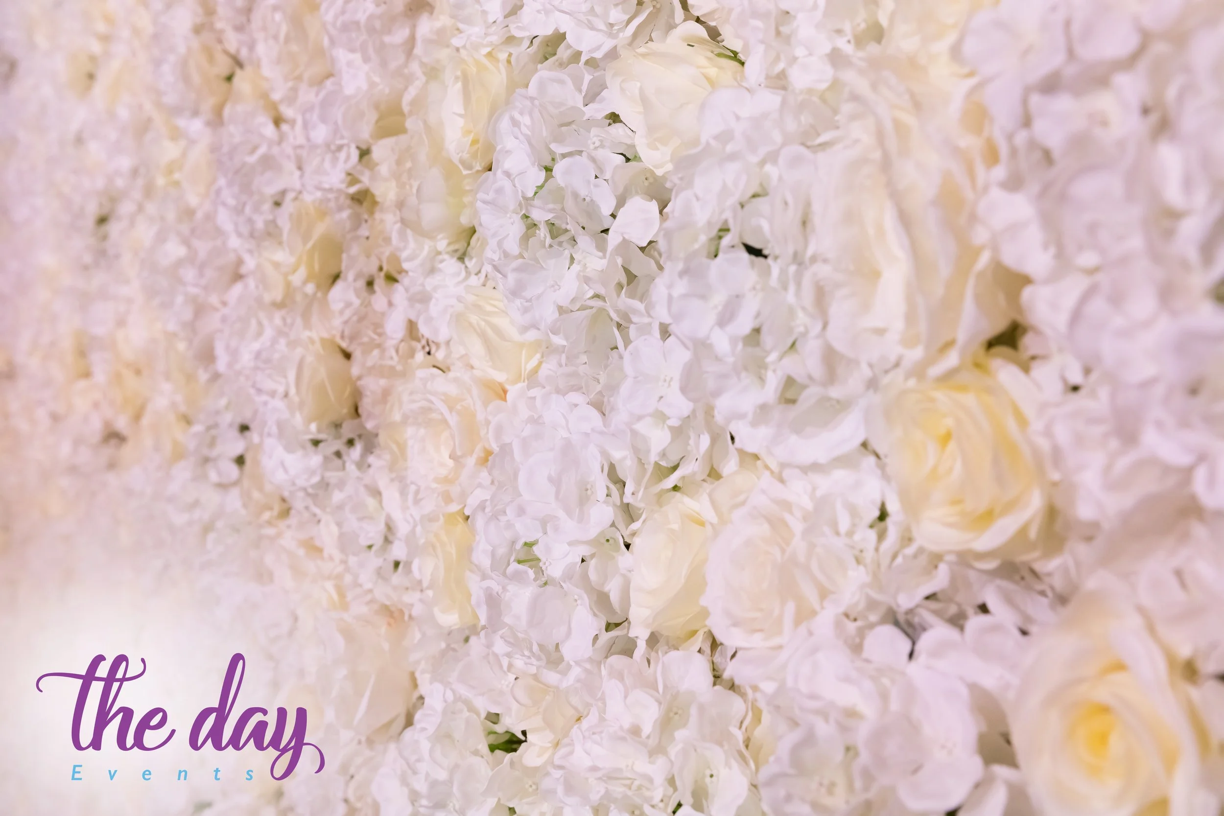 Close-up of a floral wall made of white roses and hydrangeas, with the logo 'the day Events' in purple and blue text at the bottom left corner.