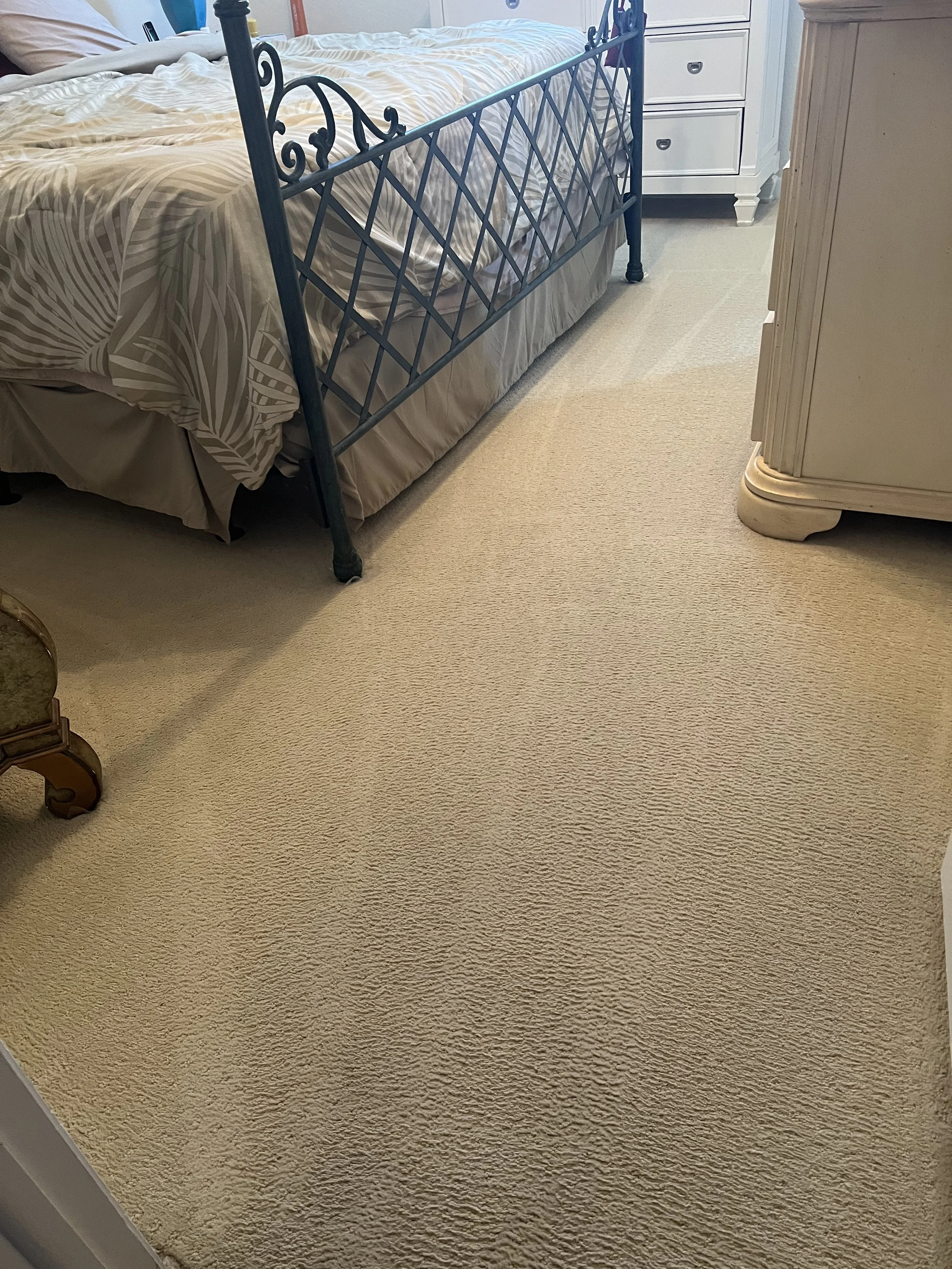 Clover Cleaning technician performing deep carpet cleaning in a Lake Worth, Florida home using professional hot‑water extraction.