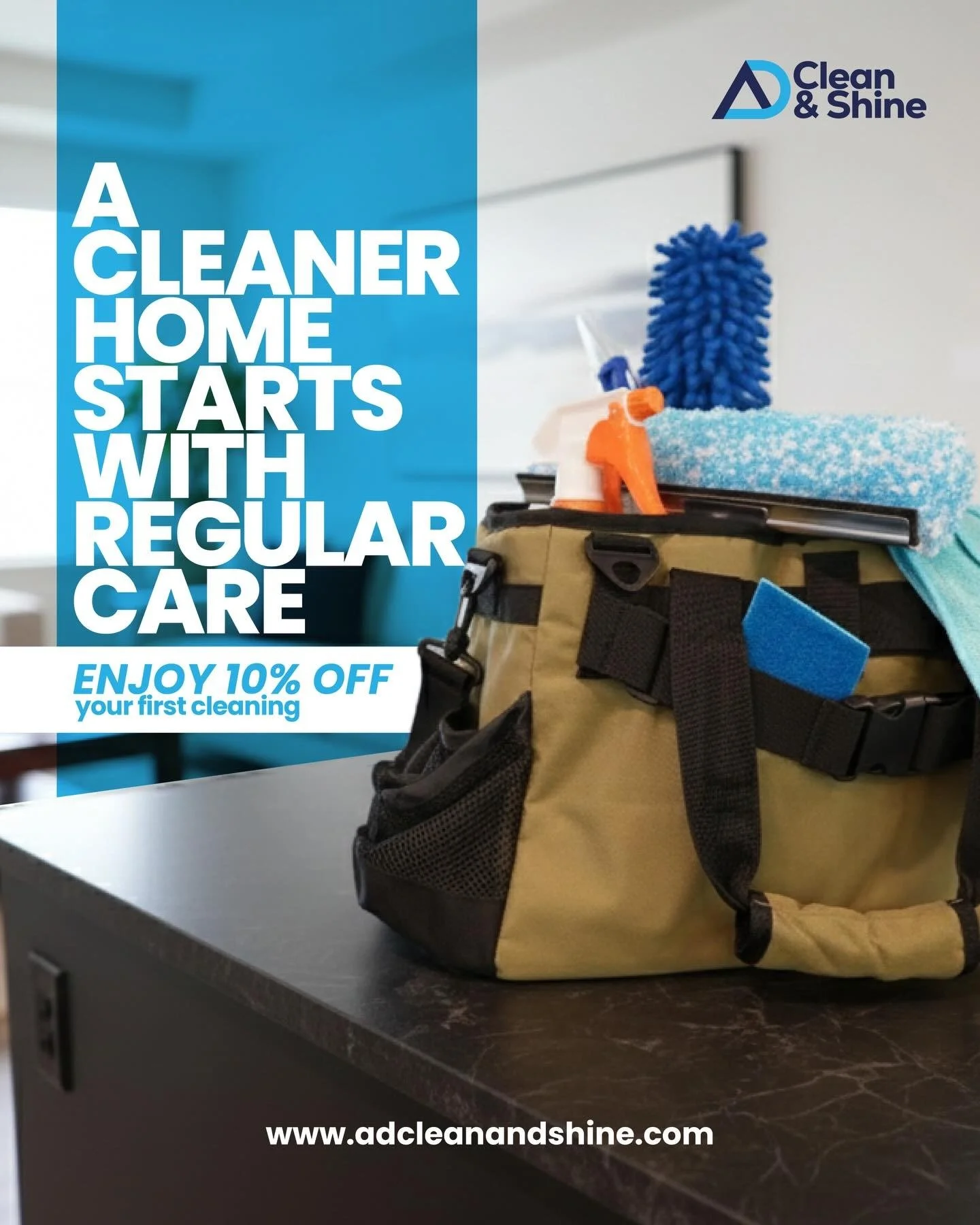 A promotional sign with a cleaning toolkit on a dark surface, advertising a cleaning service with 10% off on first cleaning and a website link.