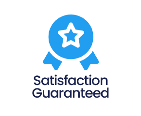 Blue square with the text 'Satisfaction Guaranteed' below it.