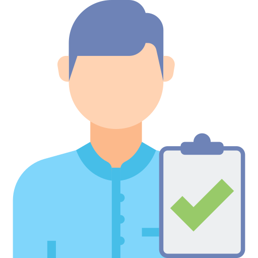 Illustration of a person with short blue hair holding a clipboard with a green check mark.