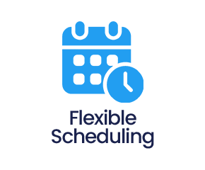 Icon of a calendar with a clock, symbolizing flexible scheduling.
