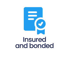 Icon of a document with a checkmark badge, with the words 'insured and bonded' underneath.
