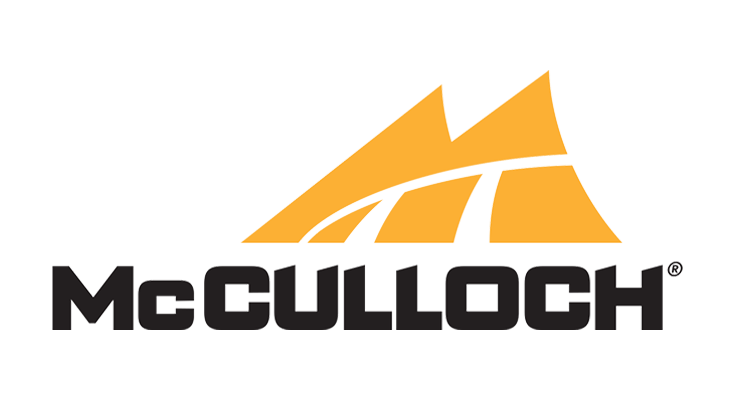 McCulloch logo featuring a stylized orange and black design with the brand name in bold black letters.