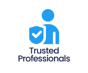 Logo with a blue circle and a stylized person with a checkmark on its chest, reading "Trusted Professionals" below.