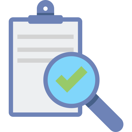 Clipboard with a magnifying glass showing a green check mark.
