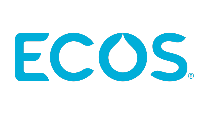 The ECOS logo with blue lettering and a water drop shape inside the letter O on a black background.