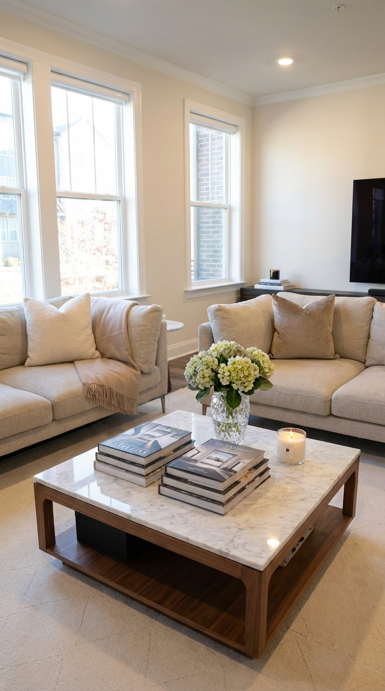 Living room with two beige sofas, a marble-topped wooden coffee table with magazines, a vase of white flowers, and a lit candle. Large windows with white trim and a wall-mounted TV.