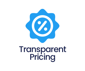 Logo with a blue badge featuring a percentage symbol, and text reading 'Transparent Pricing'