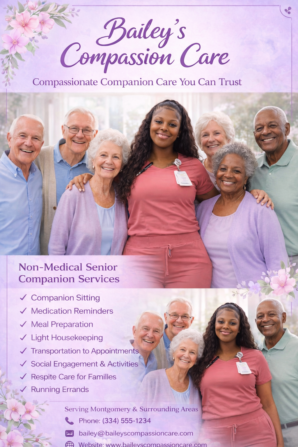 A flyer for Bailey's Compassion Care featuring a group of smiling seniors and a caregiver, with service details and contact information.