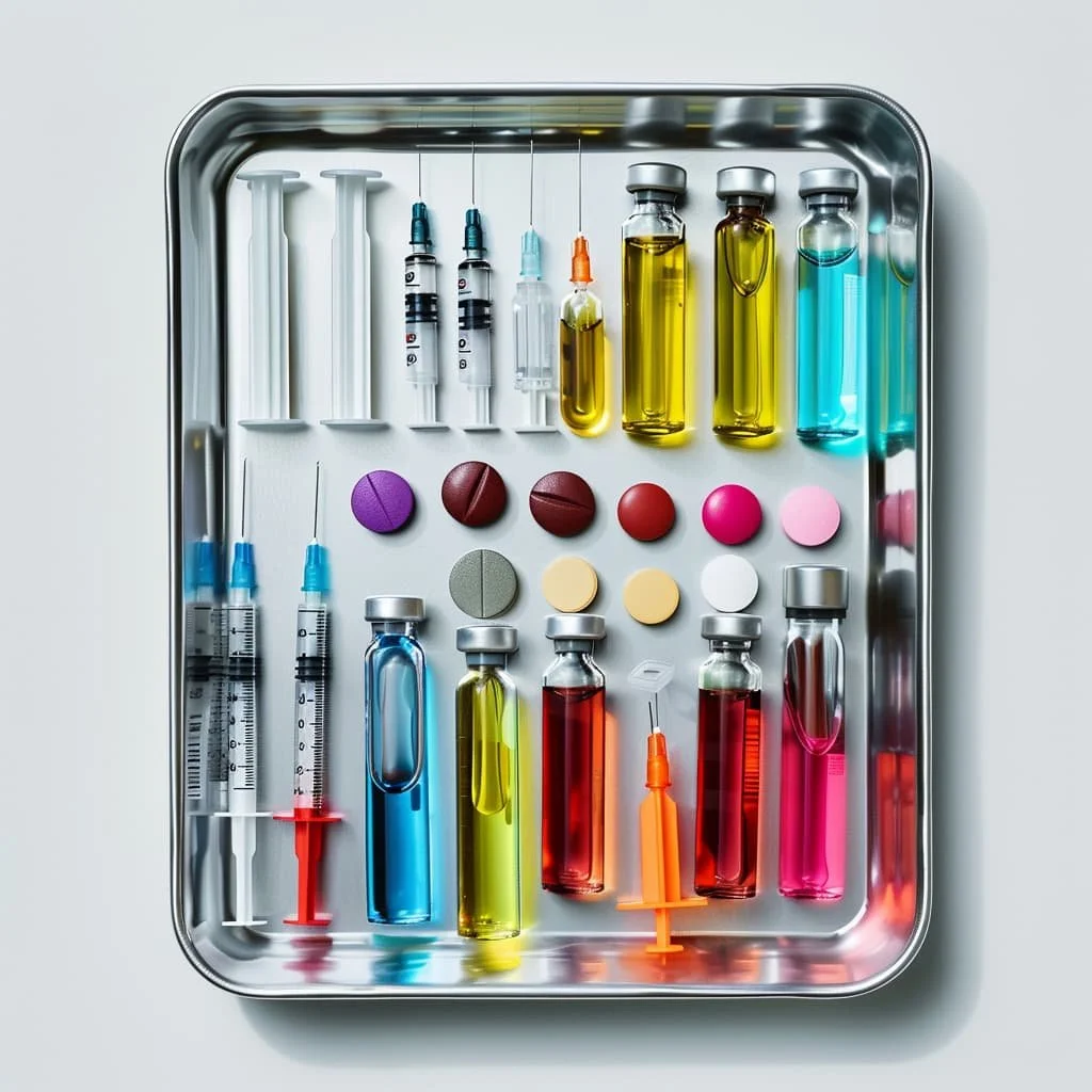 A metal tray containing medical syringes, vials with yellow, blue, and red liquids, and various tablets and pills in different colors and shapes.