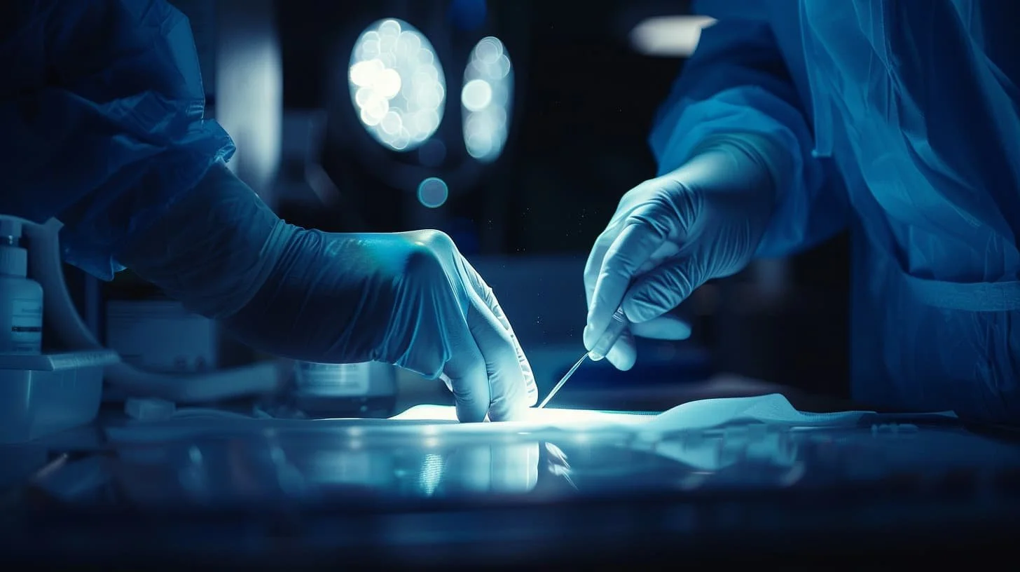 Two scientists in gloves working on a surgical procedure or laboratory experiment in a dimly lit room.