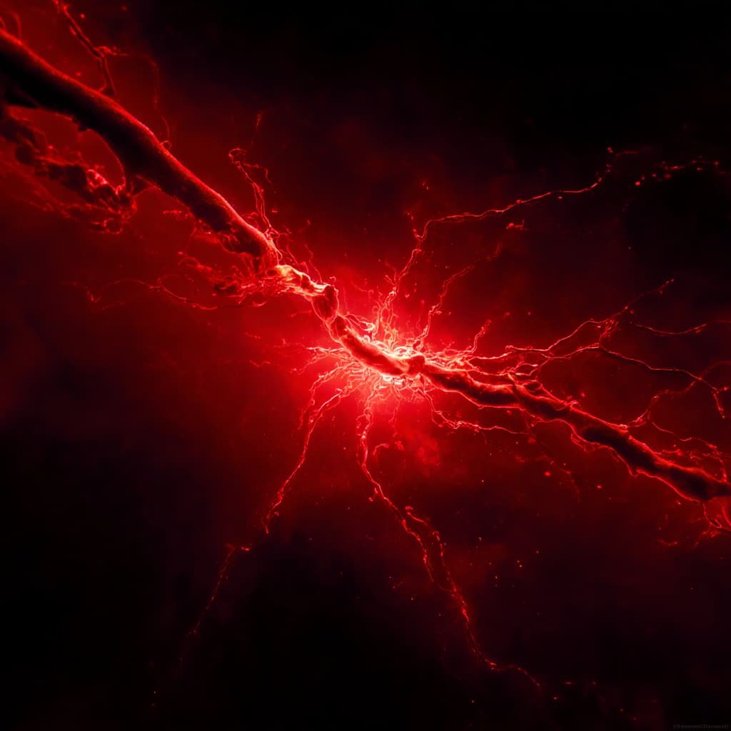 Abstract illustration of a translucent cerebral artery with a red internal glow and small vessel wall fracture, symbolizing acute subarachnoid hemorrhage management.