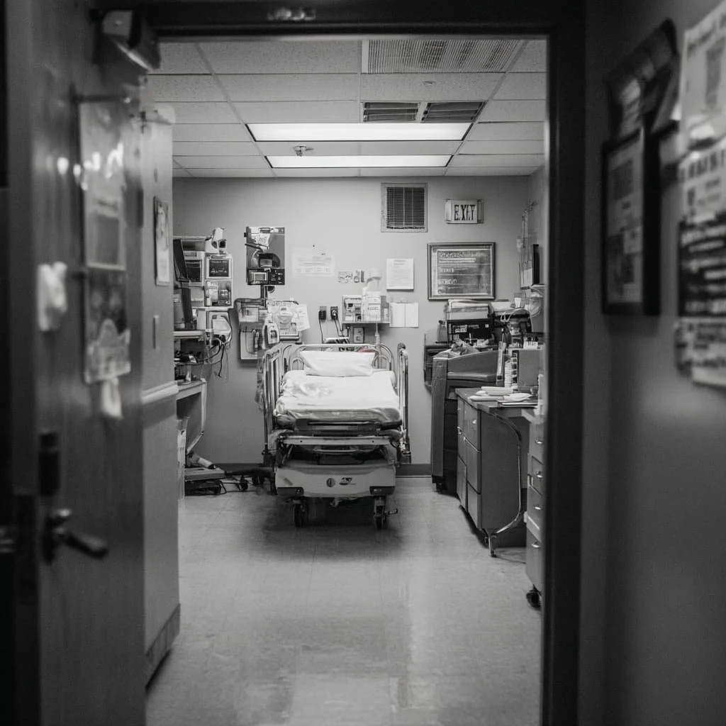black and white hospital room with empty bed and equipment