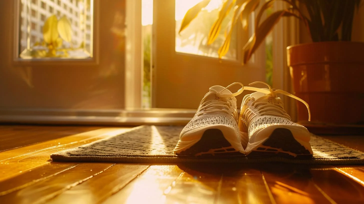 Pair of athletic shoes by an open door with sunlight streaming in, symbolizing motivation for exercise and healthy living.