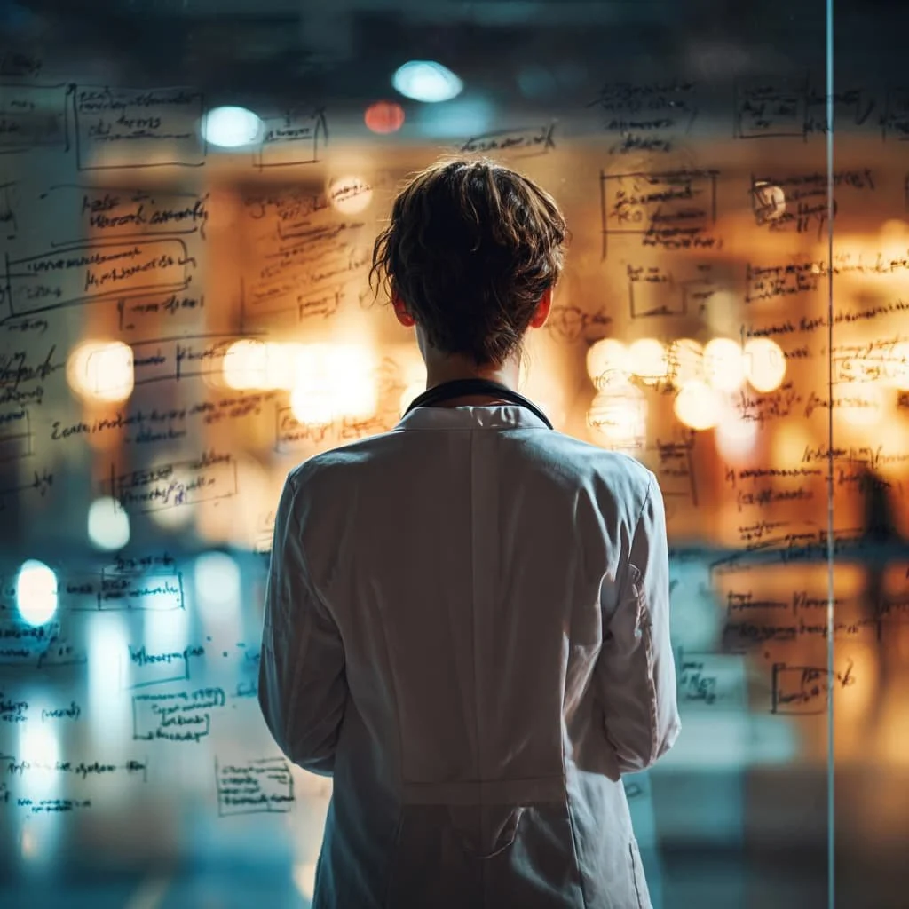 mergency room doctor reviewing a transparent glass board filled with clinical notes and diagrams, representing the step by step thought process behind an ER workup