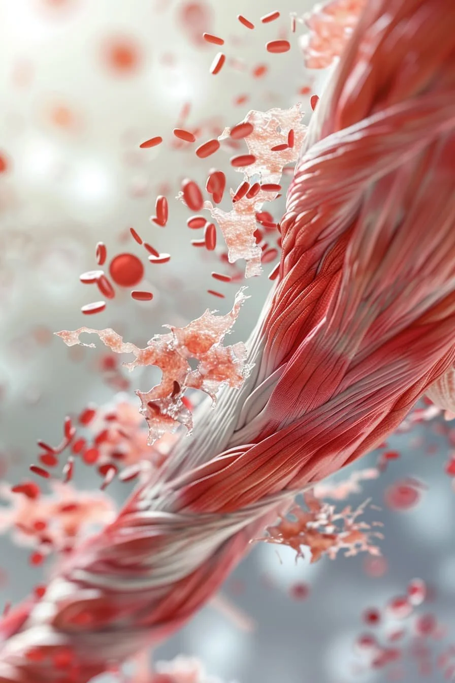 Picture of a muscle fiber, breaking down depicting rhabdomyolysis