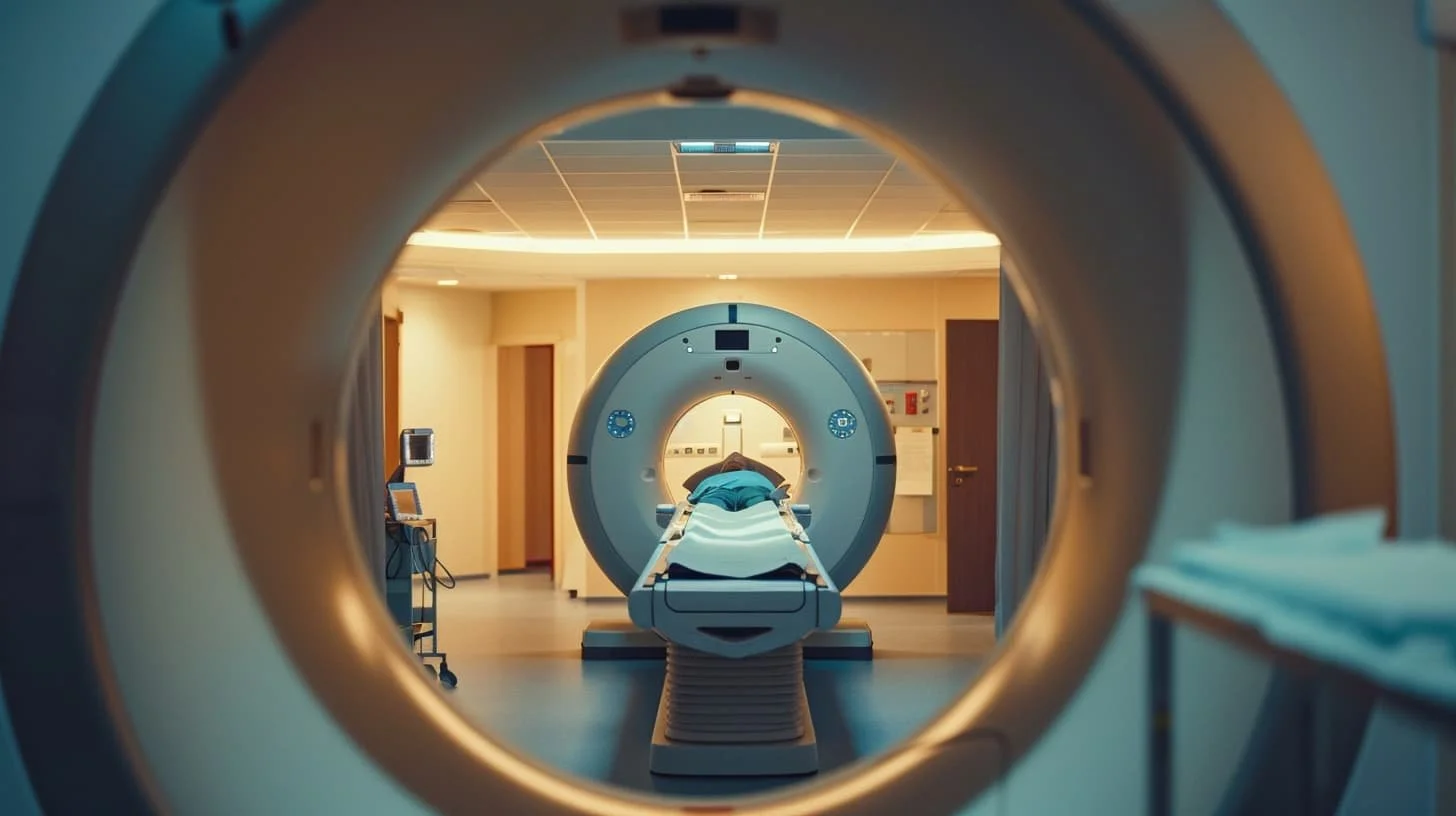 An CT machine in a hospital room with a patient lying on the sliding table, ready for a scan.