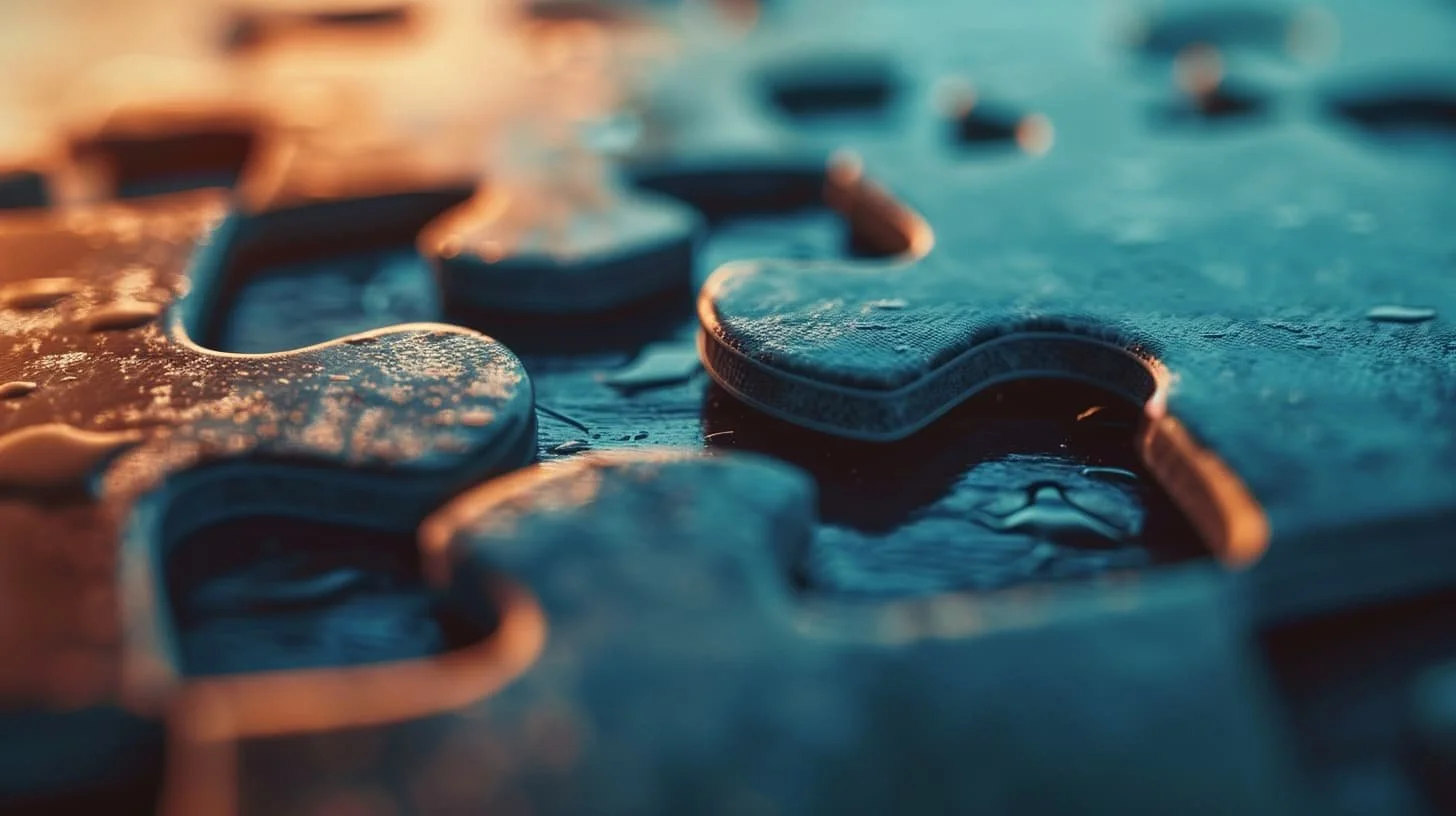 Close-up of interconnected jigsaw puzzle pieces covered in water droplets, with a blurred background of warm and cool tones.