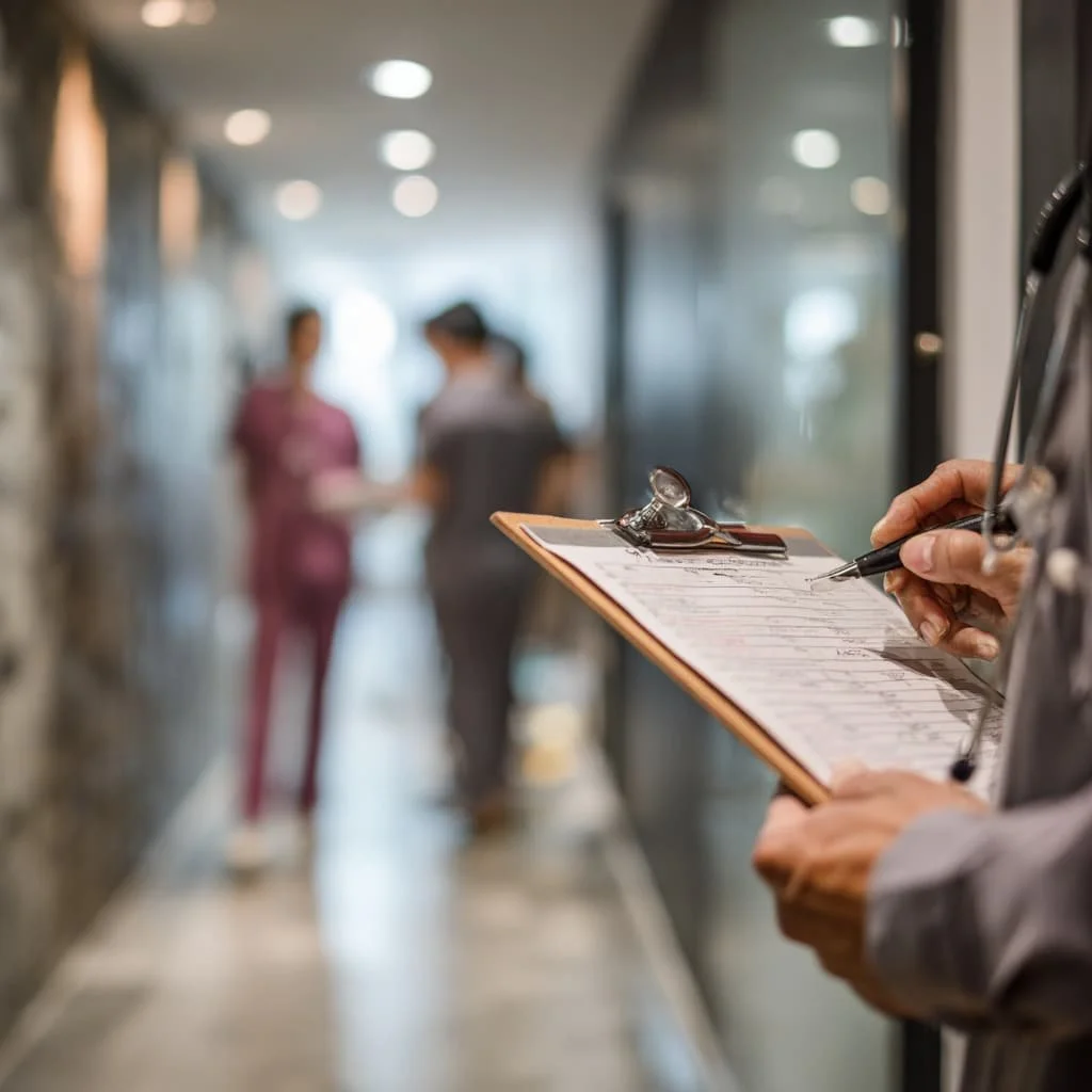 A healthcare worker holding a clipboard and pen in a hospital corridor with two blurred nurses or doctors in the background.