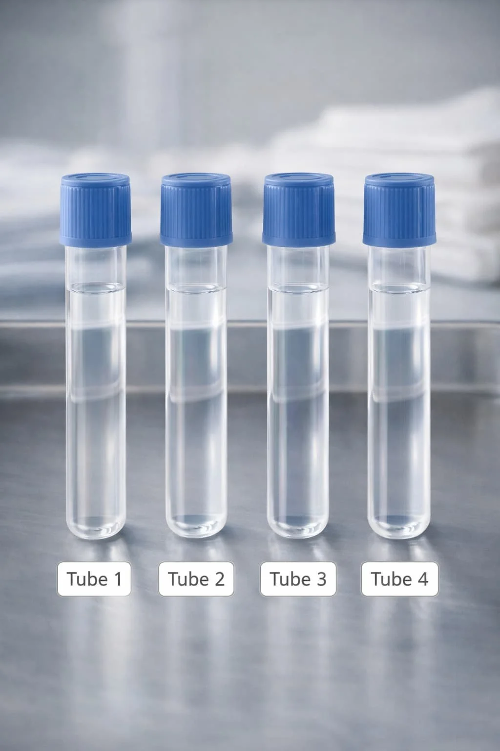 images of four tubes that have cerebrospinal fluid and labeled, for an article explaining the procedure lumbar puncture in the ER