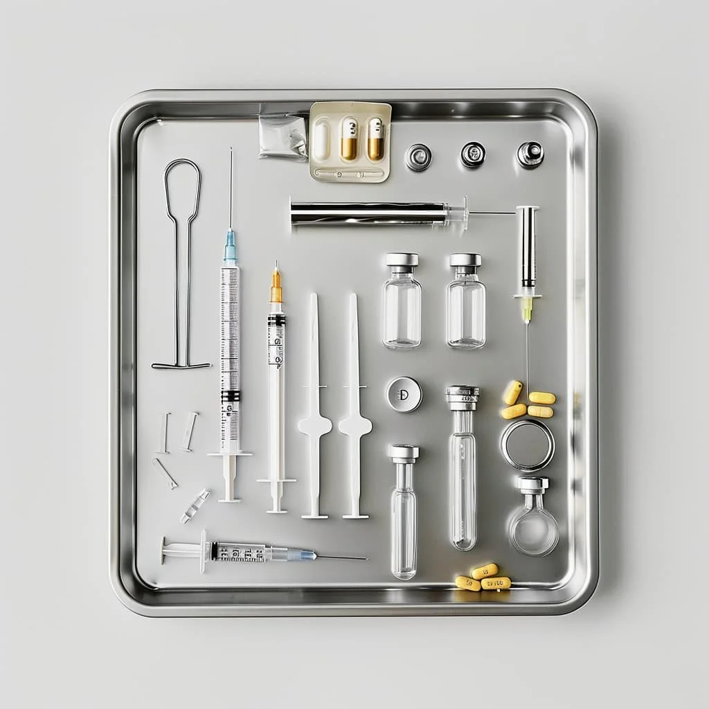 Medical medical tools and medications arranged on a stainless steel tray, including syringes, pills, glass vials, and other instruments.