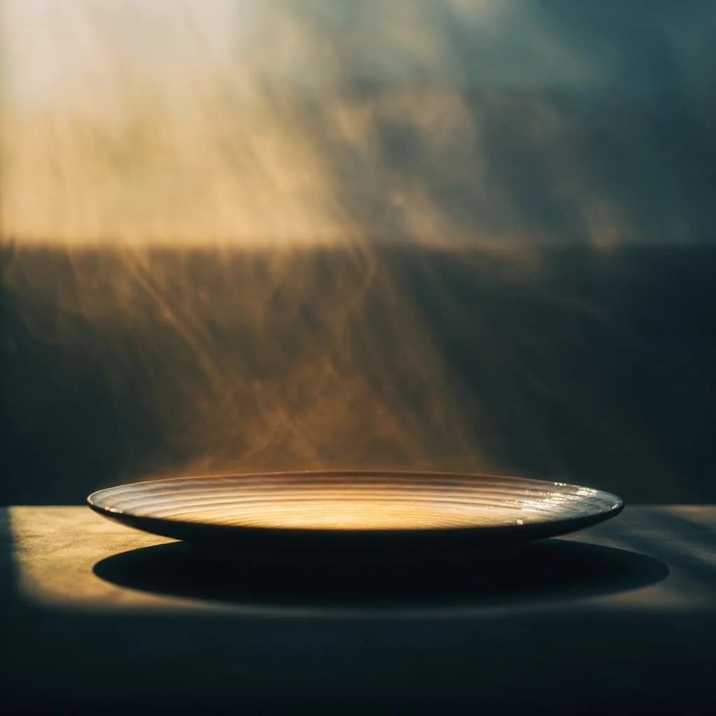 Empty dinner plate with warm golden light rising from its center, symbolizing metabolic reset and the benefits of intermittent fasting
