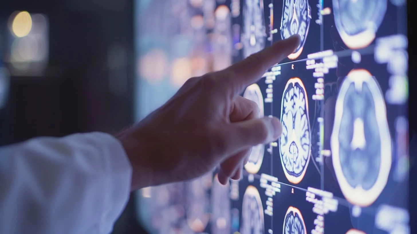 Image of a doctor pointing to a computer screen with a brain image