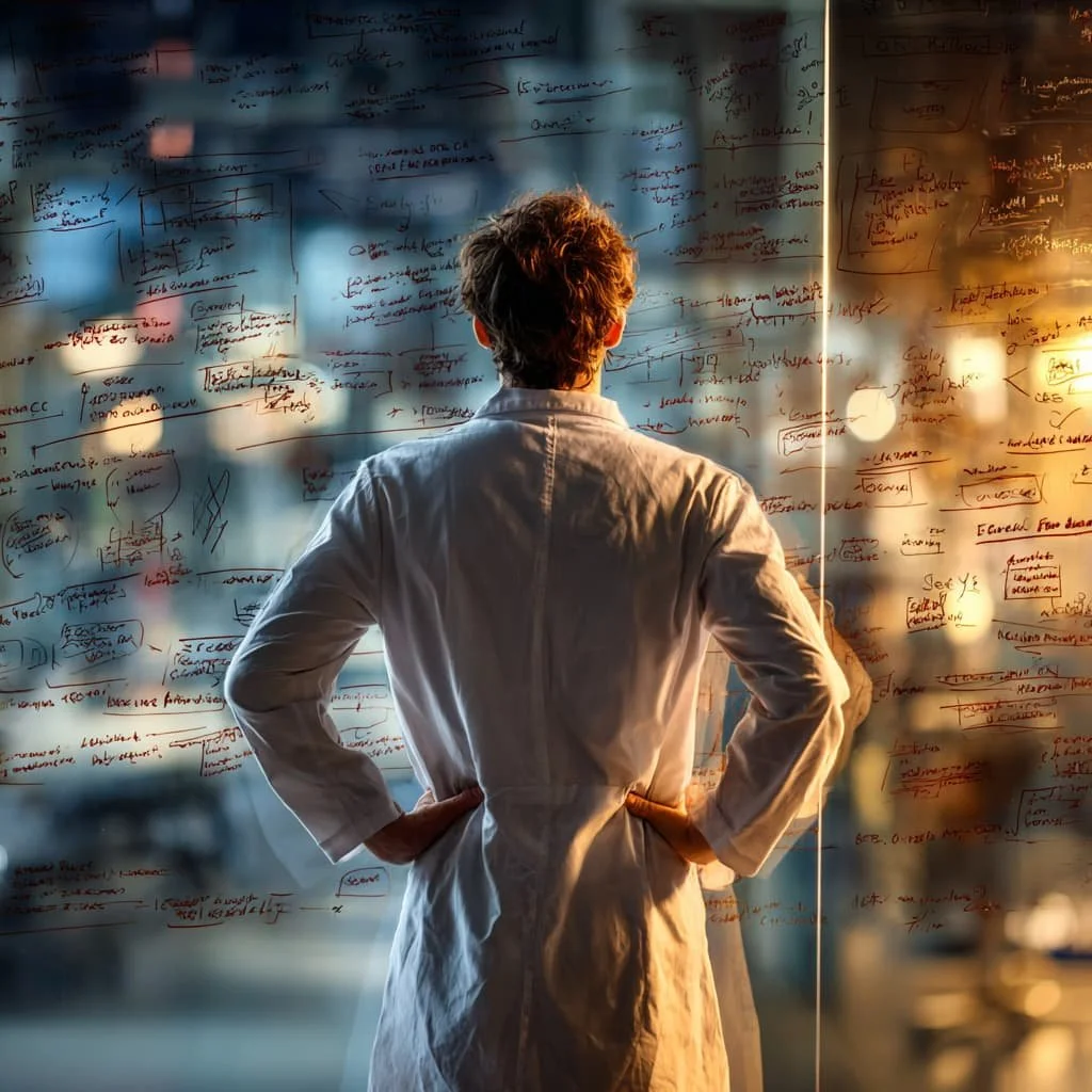 Person in a white lab coat standing with hands on hips, looking at a transparent board covered with notes and diagrams, with sunlight streaming through large windows.