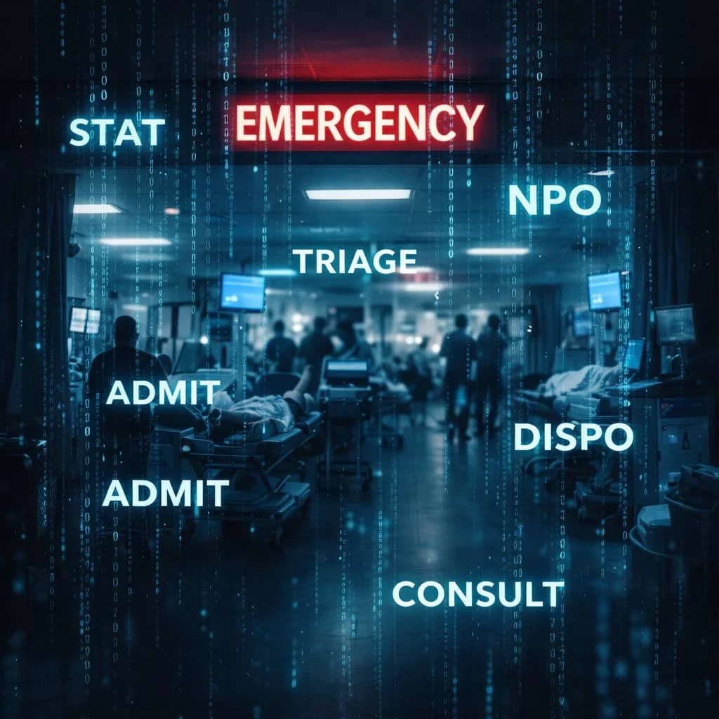 A busy hospital emergency room with medical staff and patients. Overlaid text includes words like 'STAT', 'EMERGENCY', 'NPO', 'TRIAGE', 'ADMIT', 'DISPO', and 'CONSULT', with a digital, futuristic design.