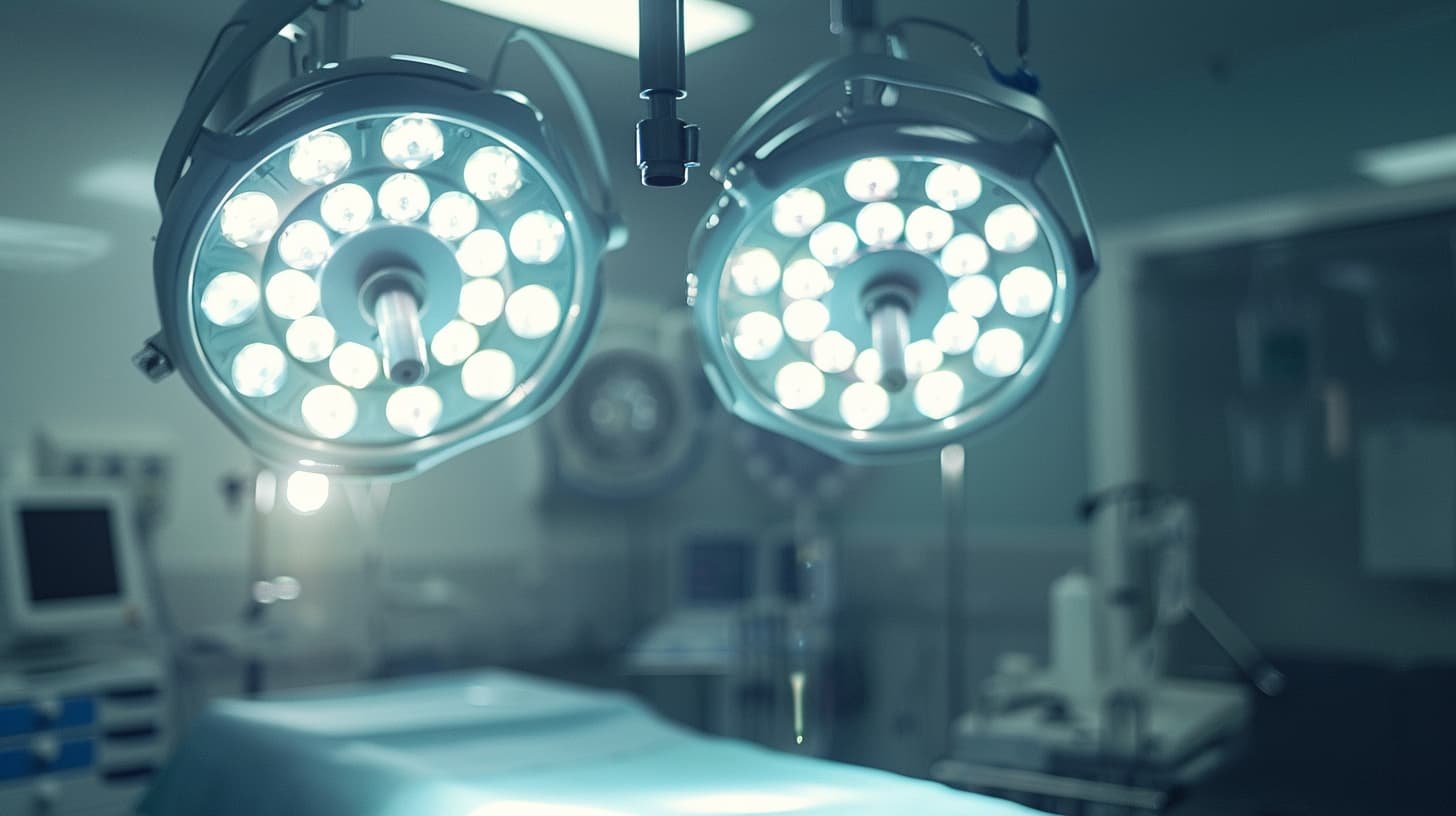 Two surgical ceiling lights in an operating room with medical equipment and monitors in the background.