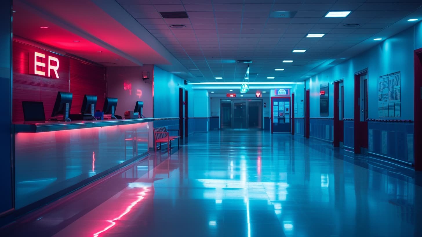 Empty hospital corridor illuminated with blue and pink neon lights, with admission desks on the left and elevator doors at the end of the hall.
