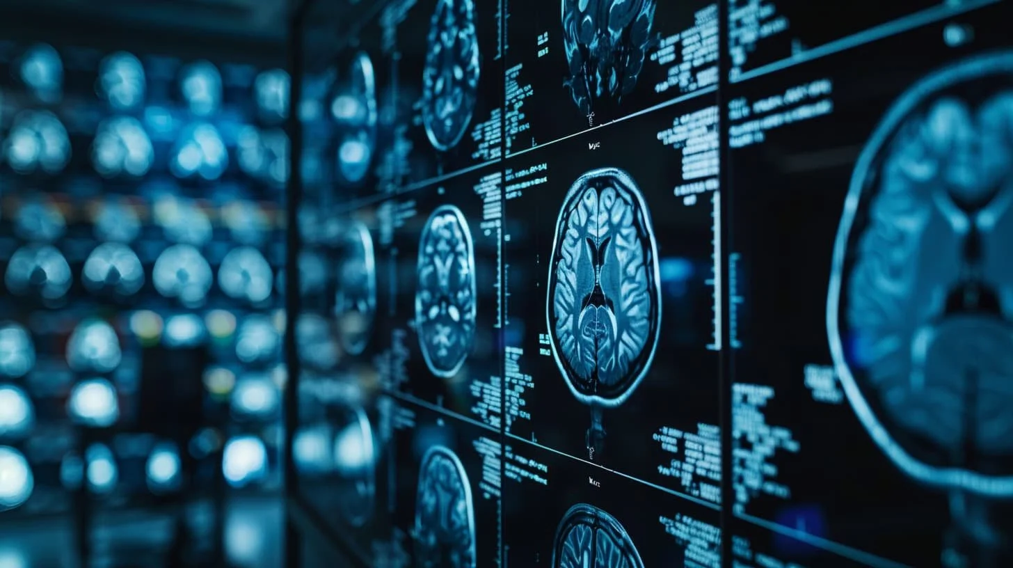 Multiple MRI brain scan images displayed on a computer monitor with a dark background.