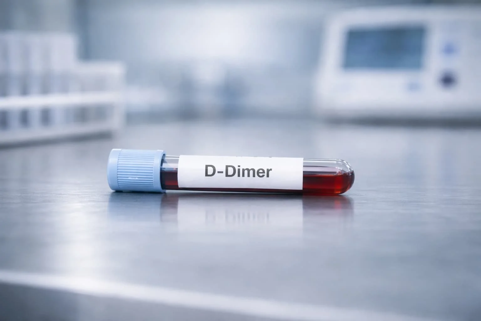 image of a tube of blood marked d-dimer and a blood test that helps us rule out dangerous clots