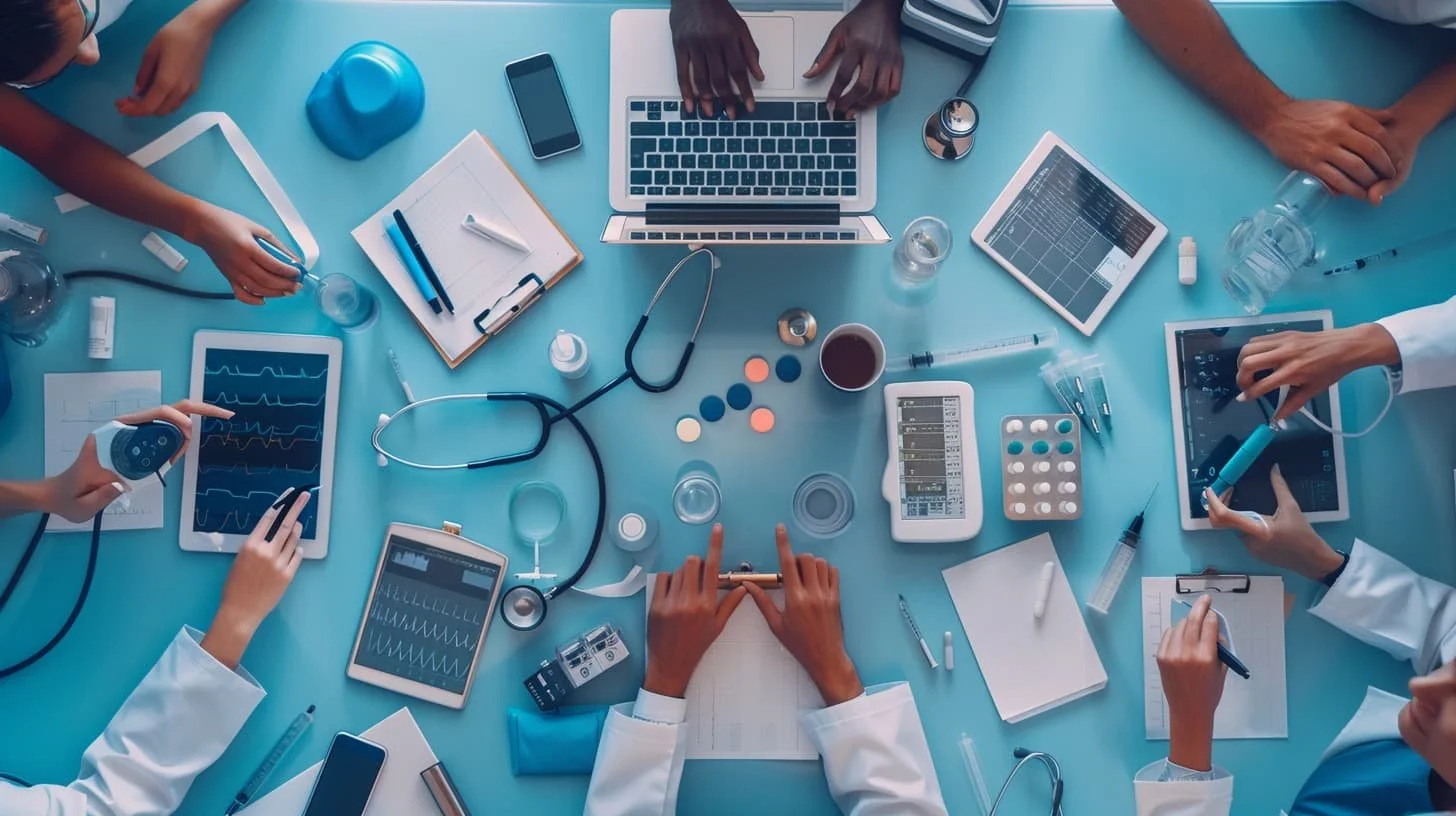 A top-down view of a medical team working at a blue table with tablets showing medical data, a stethoscope, notebooks, pens, pills, water bottles, glasses, and medical instruments.