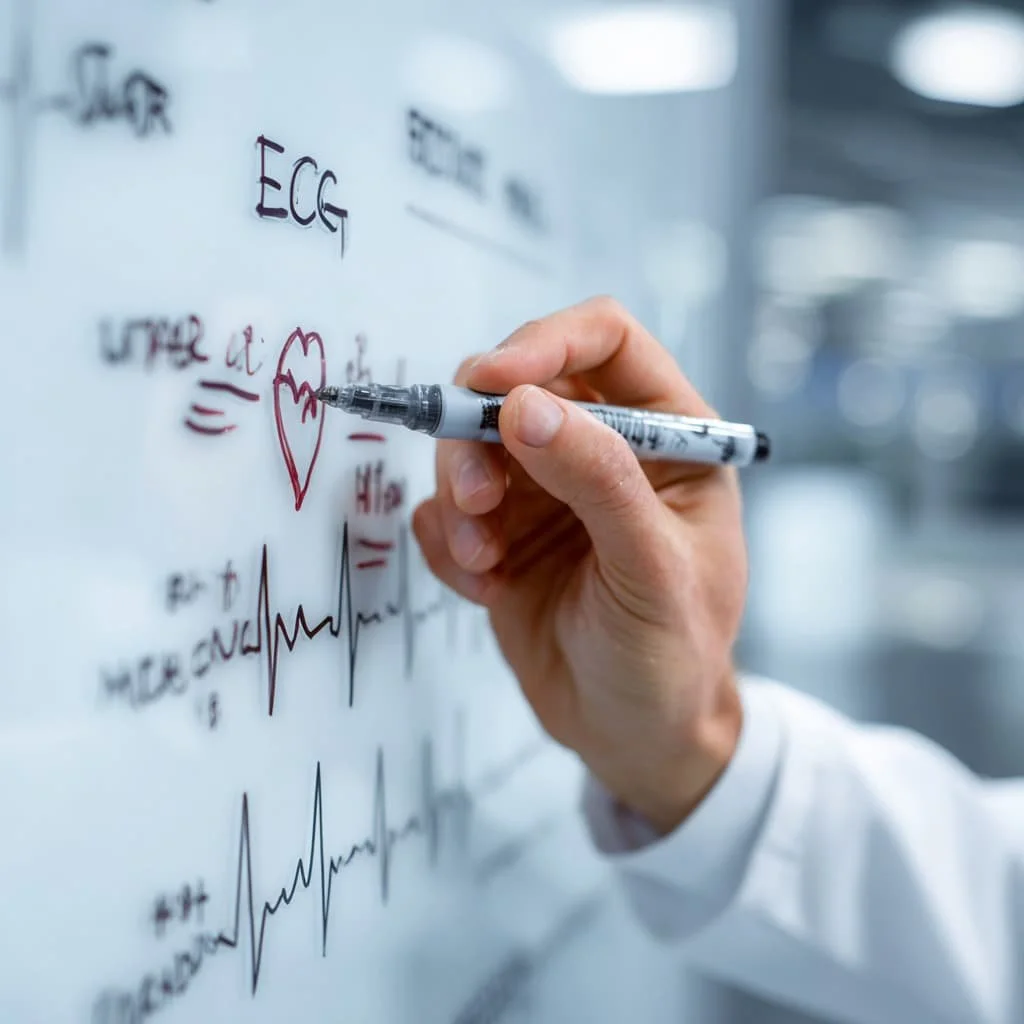 A hand writes on a whiteboard with a black marker, drawing a red heart with an EKG line inside it. The whiteboard has various medical-related terms, including "ECG" and "TOUR".