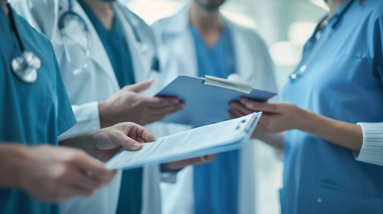 Group of medical professionals, including doctors and nurses, standing together in hospital or clinic hallway, holding and reviewing medical charts and documents.